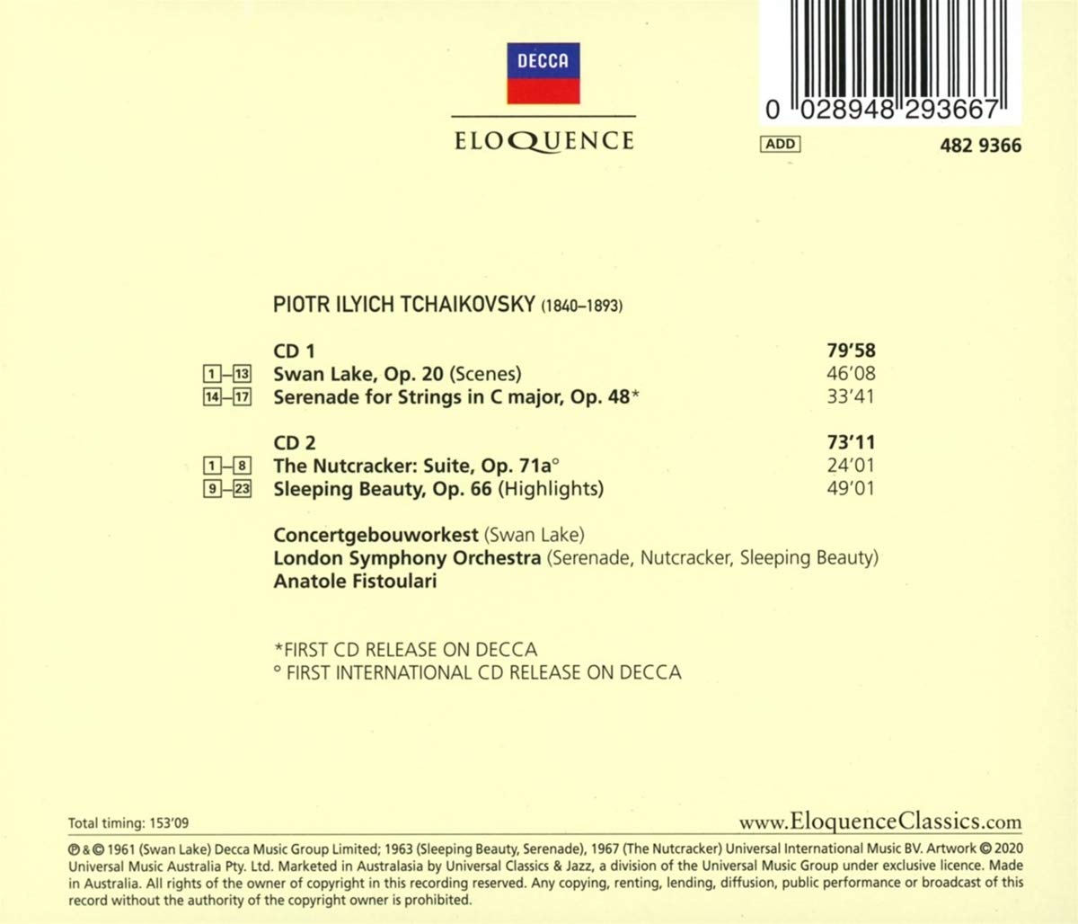 TCHAIKOVSKY: SWAN LAKE, NUTCRACKER, SLEEPING BEAUTY SUITES; SERENADE FOR STRINGS - FISTOULARI, LONDON SYMPHONY, CONCERTGEBOUW (2 CDS)