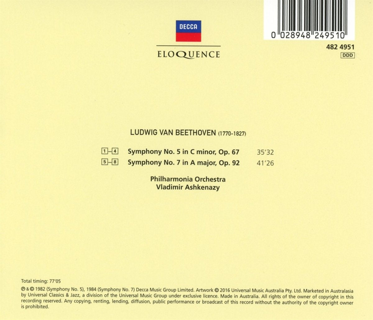 BEETHOVEN: SYMPHONY NO. 5 & NO. 7 - ASHKENAZY, PHILHARMONIA ORCHESTRA