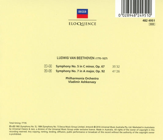 BEETHOVEN: SYMPHONY NO. 5 & NO. 7 - ASHKENAZY, PHILHARMONIA ORCHESTRA