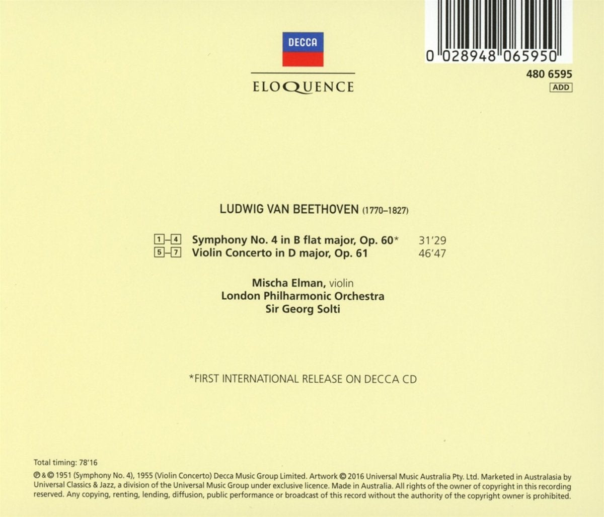 BEETHOVEN: VIOLIN CONCERTO; SYMPHONY NO. 4 - SOLTI, ELMAN, LONDON PHILHARMONIC