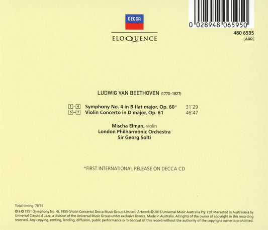 BEETHOVEN: VIOLIN CONCERTO; SYMPHONY NO. 4 - SOLTI, ELMAN, LONDON PHILHARMONIC