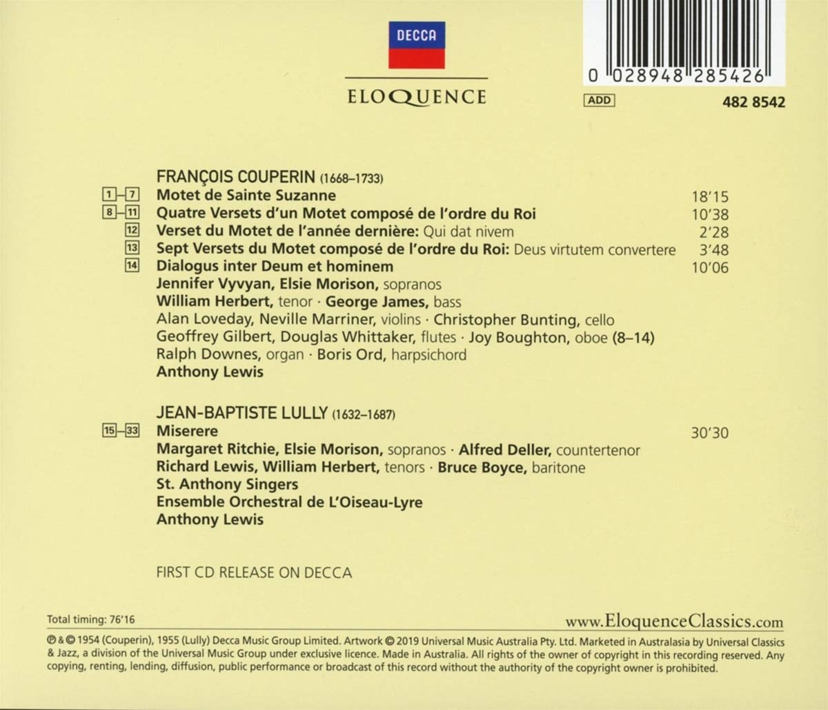 COUPERIN: SACRED MUSIC; LULLY: MISERERE - ANTHONY LEWIS, ST. ANTHONY SINGERS