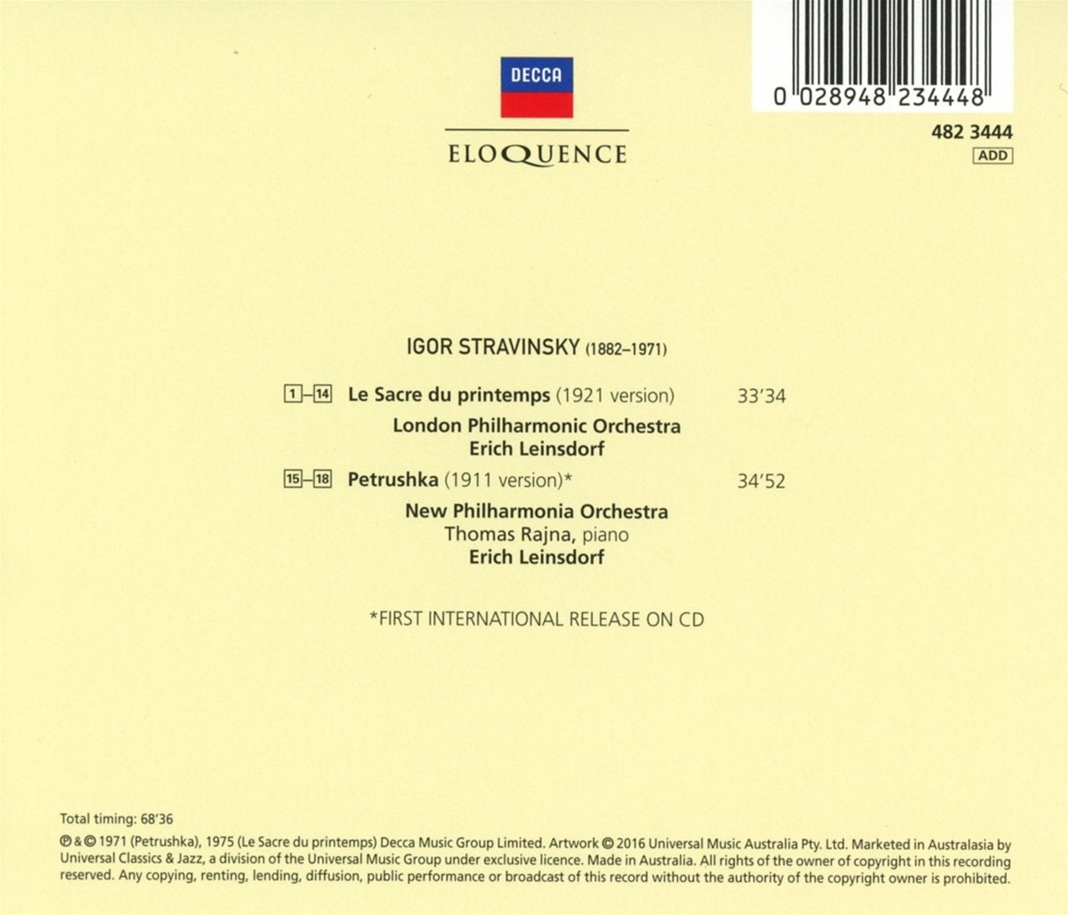 STRAVINSKY: LE SACRE DU PRINTEMPS; PETRUSHKA - ERICH LEINSDORF