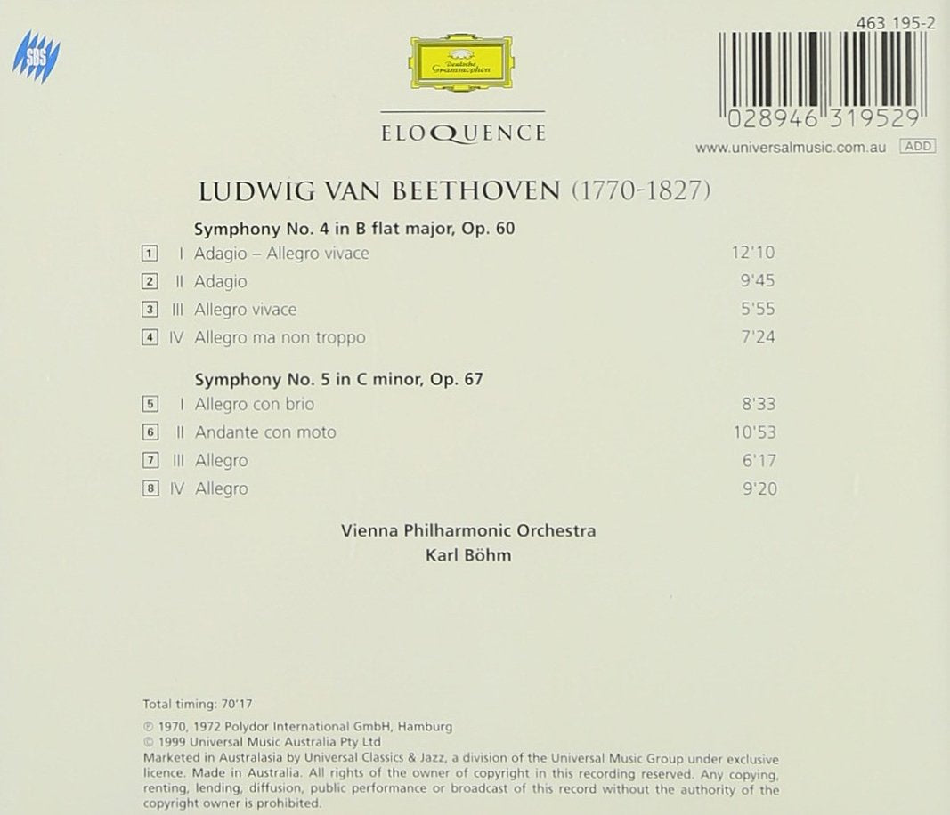 BEETHOVEN: Symphonies Nos. 4 & 5 - Vienna Philharmonic, Bohm