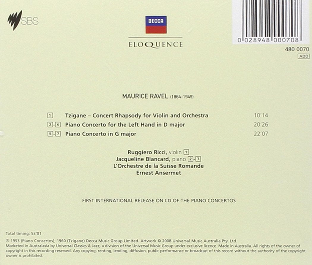RAVEL: TZIGANE; PIANO CONCERTOS 1 & 2 - RICCI, BLANCARD, ANSERMET, L'ORCHESTRE DE LA SUISSE ROMANDE