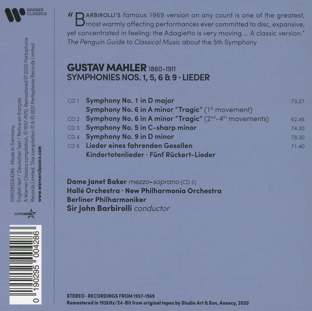 MAHLER: Symphonies Nos. 1, 5, 6, 9 & Lieder - John Barbirolli (5 CDs)
