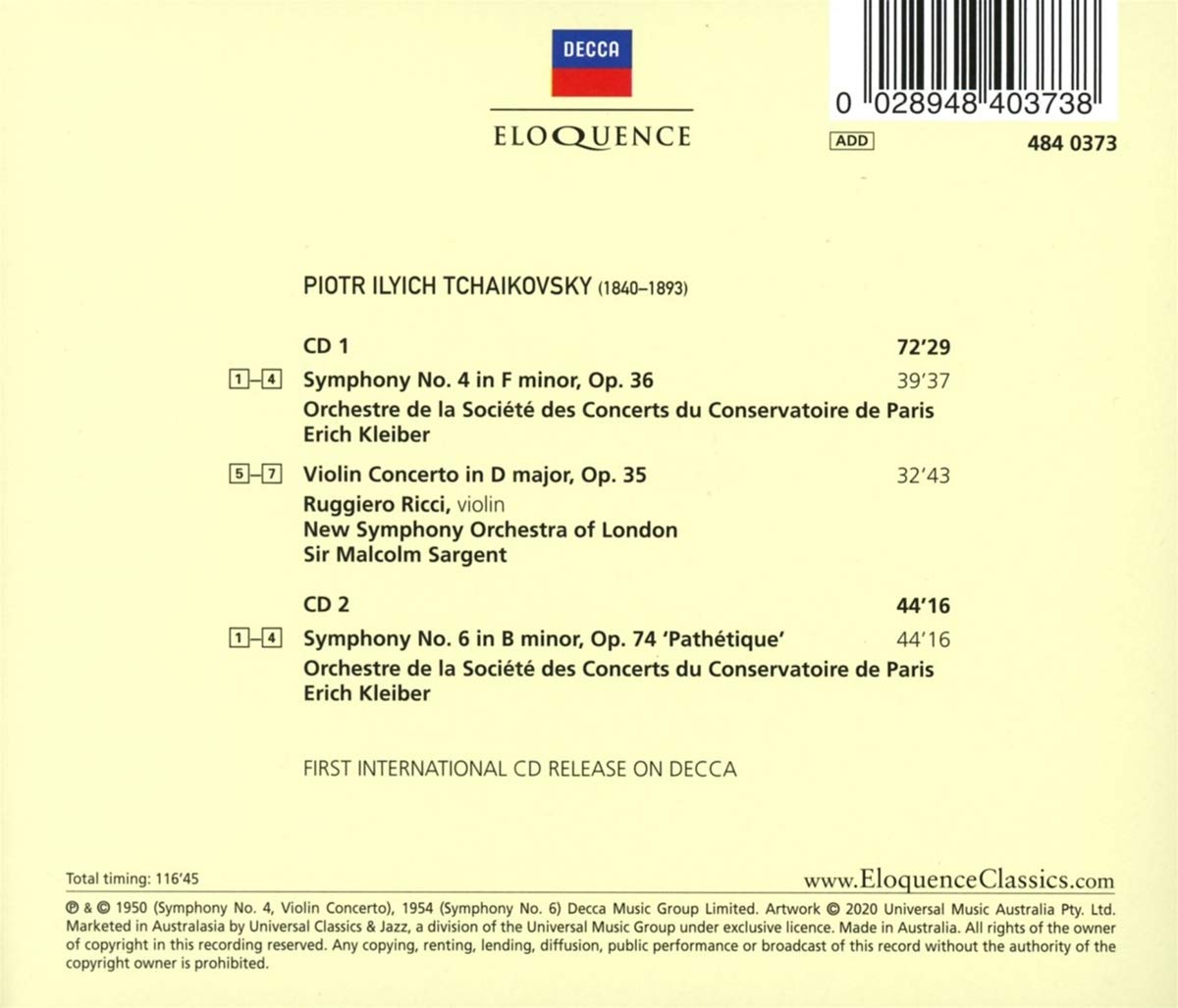 TCHAIKOVSKY: SYMPHONIES 4 & 6; VIOLIN CONCERTO - RICCI, KLEIBER, SARGEANT (2 CDS)