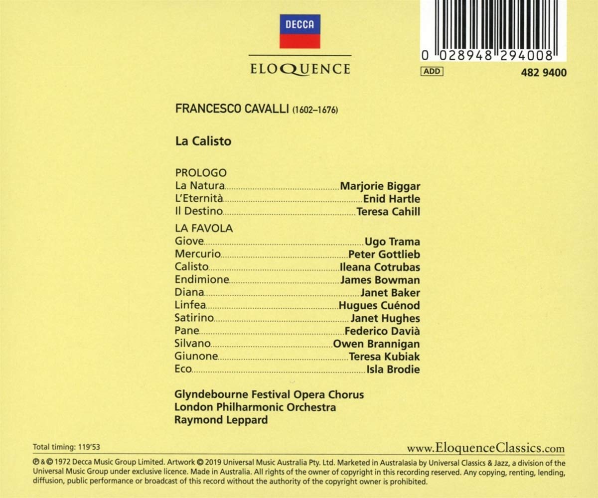 CAVALLI: LA CALISTO - BAKER, BOWMAN, COTRUBAS, LEPPARD, LONDON PHILHARMONIC, GLYNDEBOURNE CHORUS (2 CDS)