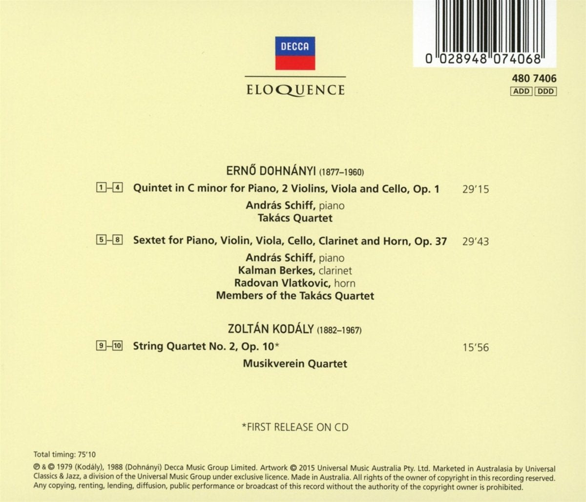 DOHNANYI: PIANO QUINTET; SEXTET; KODALY: STRING QUARTET NO. 2 - ANDRAS SCHIFF, TAKACS QUARTET, MUSICVEREIN QUARTET