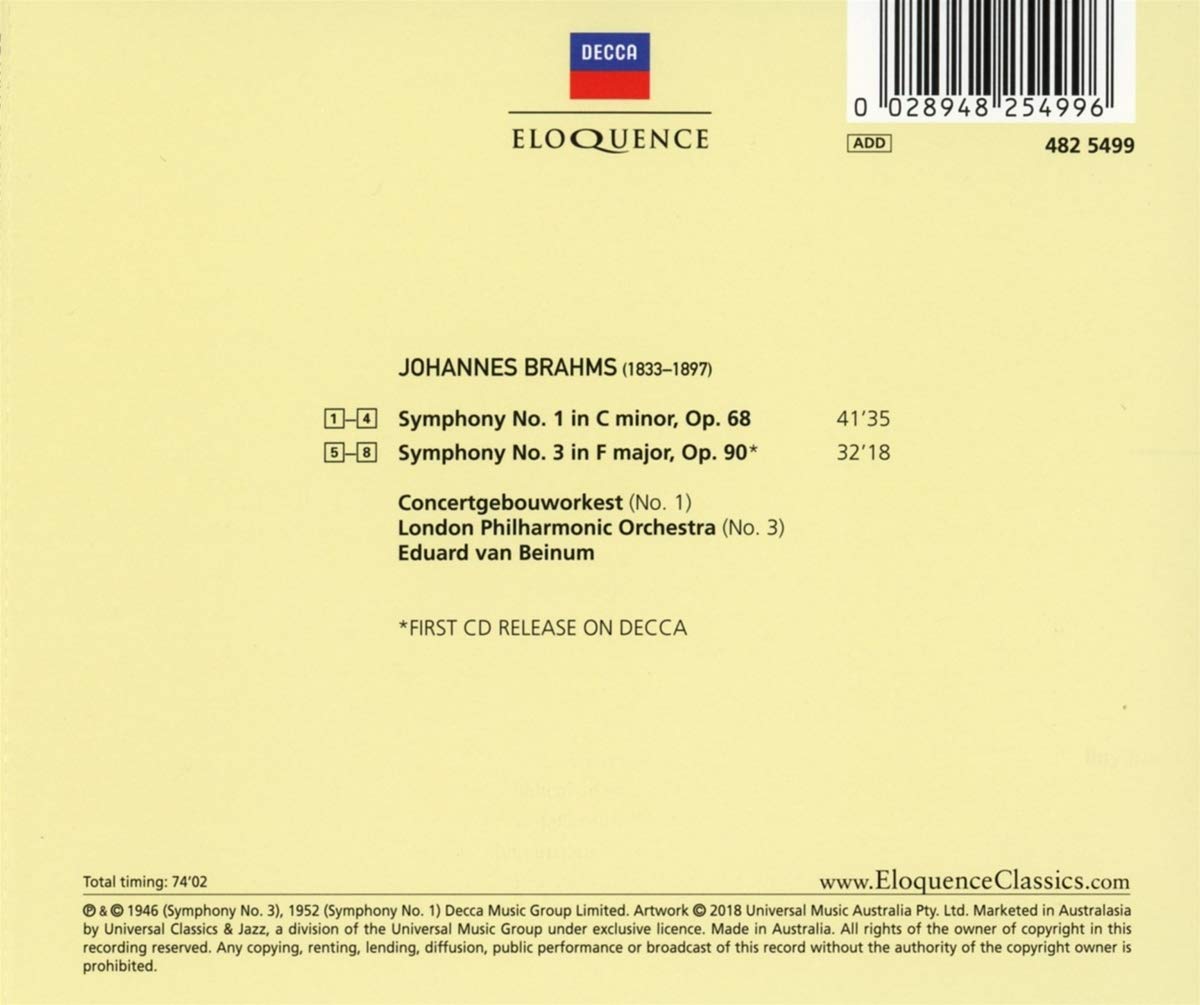 BRAHMS: SYMPHONIES 1 & 3 - VAN BEINUM, CONCERTGEBOUW ORCHESTRA, LONDON PHILHARMONIC