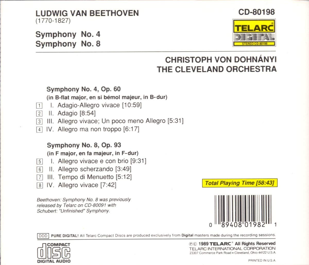 BEETHOVEN: SYMPHONIES NO. 4 & 8 - Dohnanyi, Cleveland Orchestra
