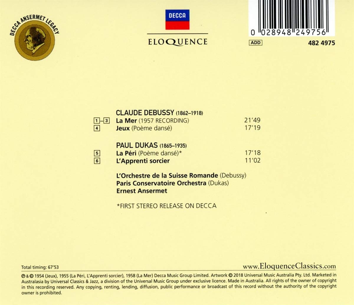 DEBUSSY: LA MER; JEUX; DUKAS: LA PERI, THE SORCERER'S APPRENTICE - ANSERMET, L'ORCHESTRE DE LA SUISSE ROMANDE, PARIS CONSERVATORY ORCHESTRA