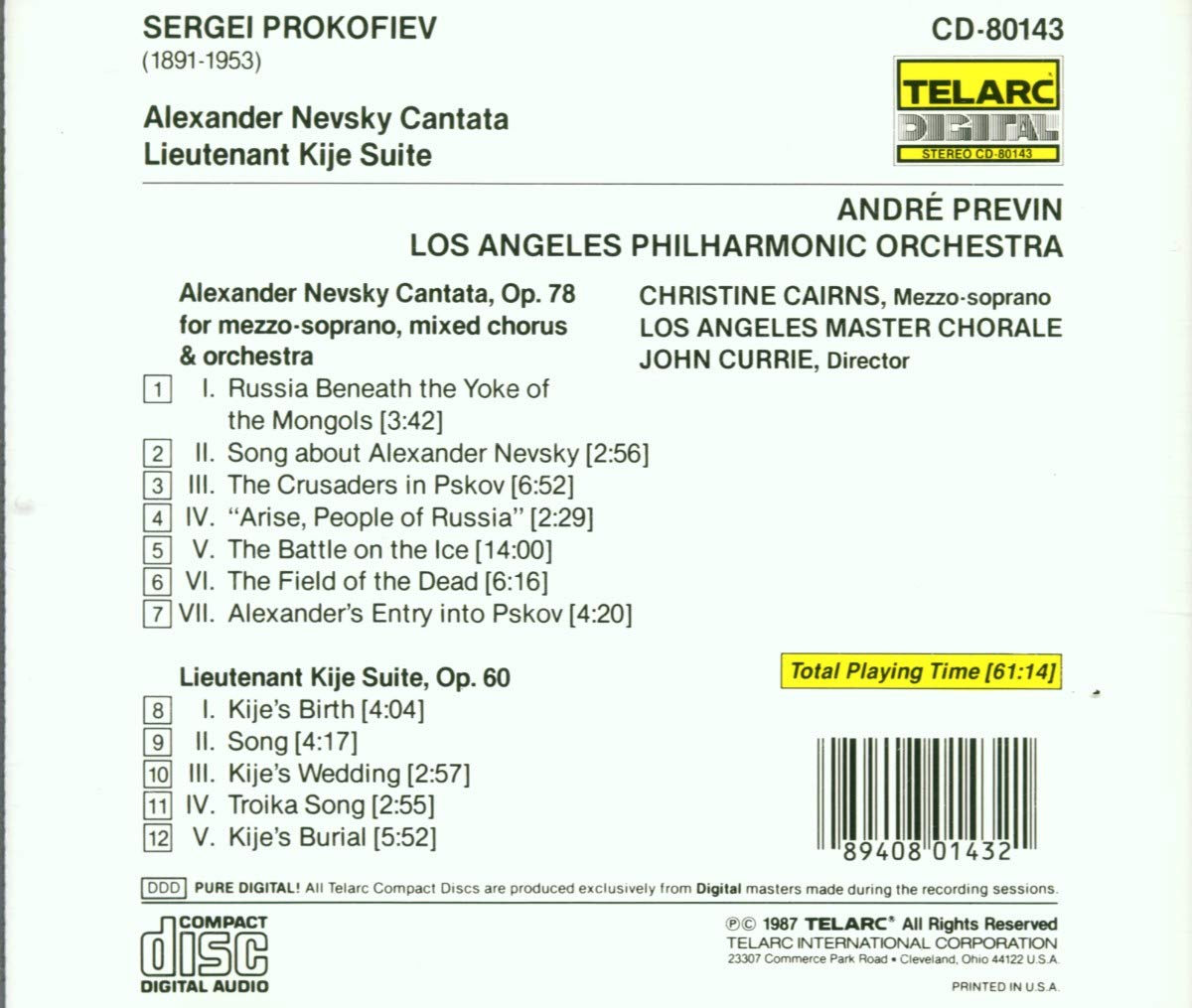 PROKOFIEV: LIEUTENANT KIJE (SUITE); ALEXANDER NEVSKY - Andre Previn, Los Angeles Philharmonic