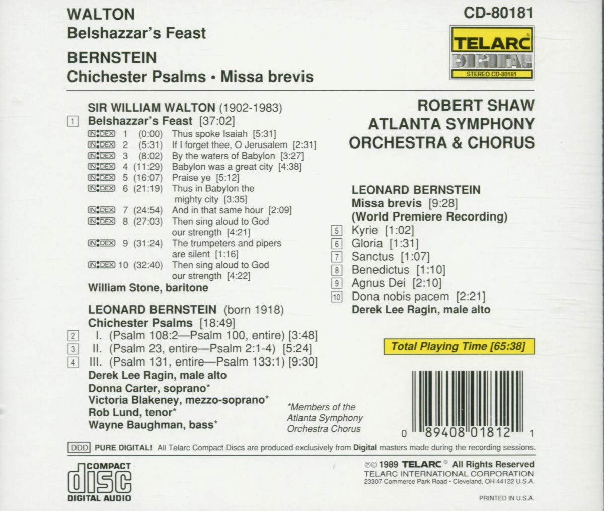 WALTON: BELSHAZZAR'S FEAST; BERNSTEIN: CHICHESTER PSALMS; MISSA BREVIS - Robert Shaw, Atlanta Symphony Orchestra & Chorus