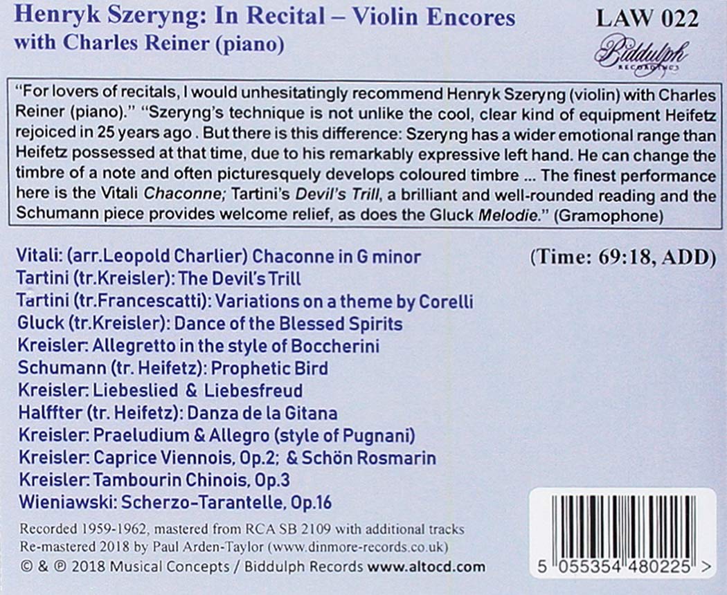 HENRYK SZERYNG: IN RECITAL - VIOLIN ENCORES
