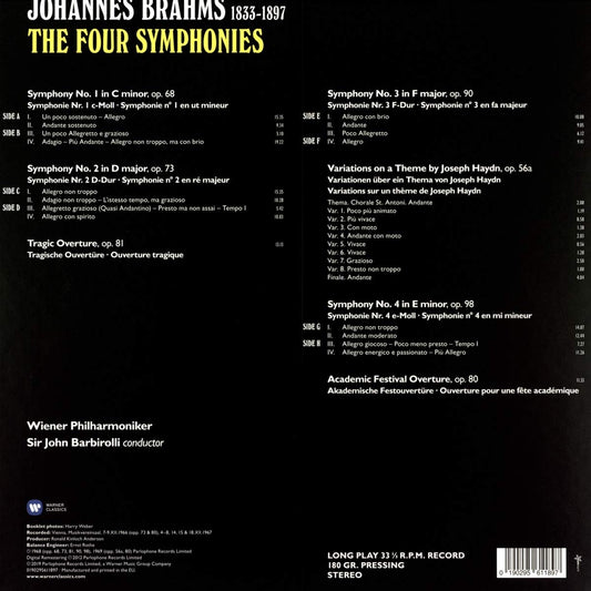 BRAHMS: THE 4 SYMPHONIES, VARIATIONS ON A THEME BY HAYDN, OVERTURES - WIENER PHILHARMONIKER, JOHN BARBIROLLI (4 LP)