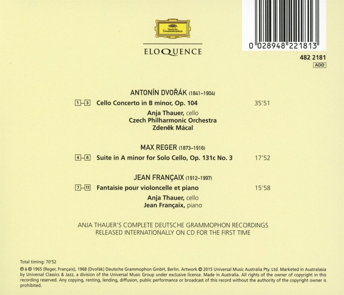 DVORAK: CELLO CONCERTO; REGER: SUITE NO. 3 FRANCAIX: FANTASIE - ANJA THAUER