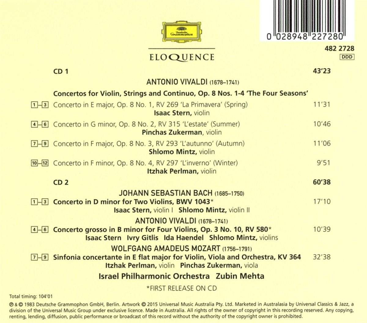 PERLMAN, STERN, MINTZ, ZUKERMAN, GITLIS, HAENDEL: LIVE AT THE HUBERMAN FESTIVAL, 1982 (2 CDS)