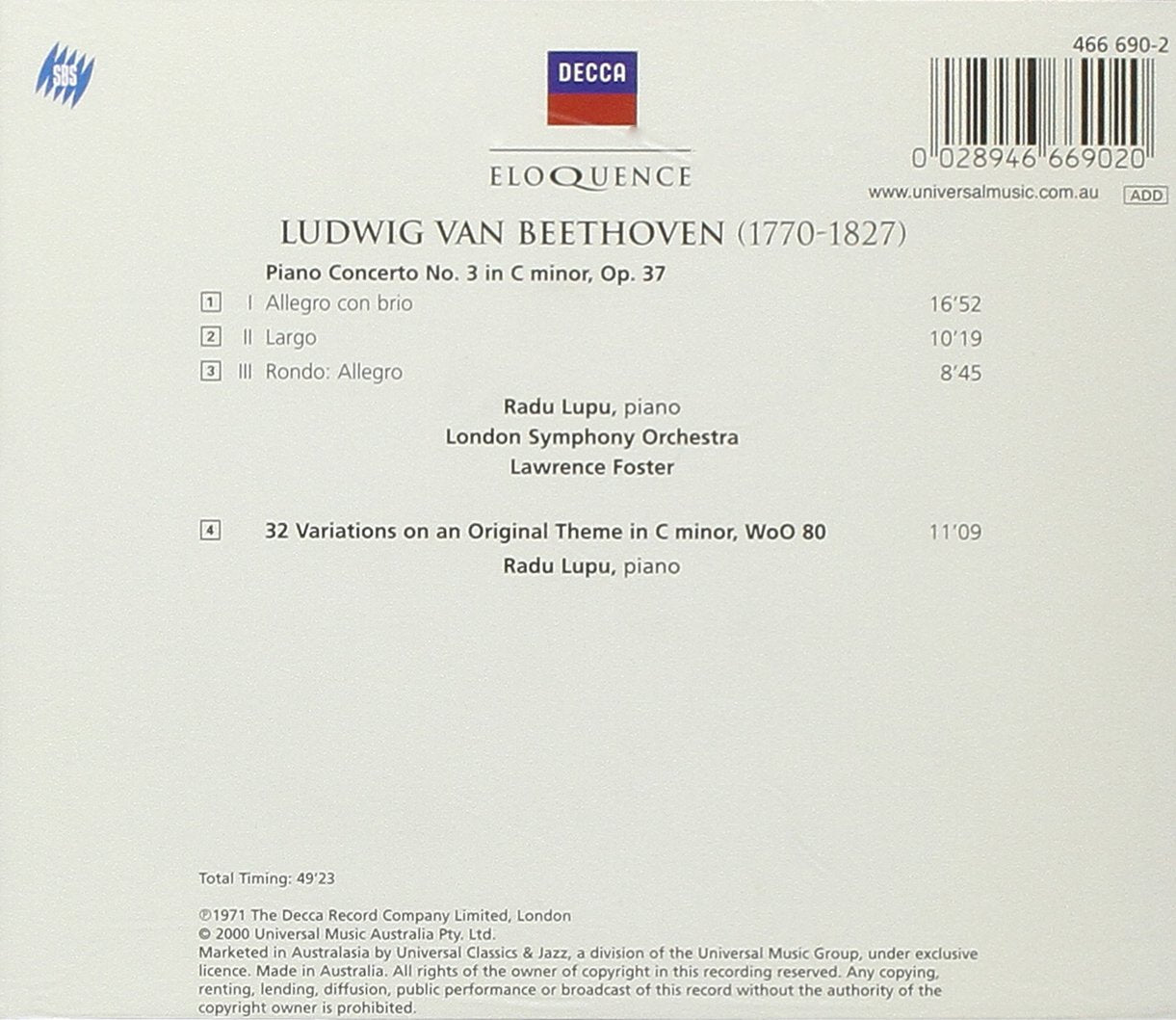 BEETHOVEN: Piano Concerto No. 3; 32 Variations in C Minor - Radu Lupu; London Symphony Orchestra; Lawrence Foster