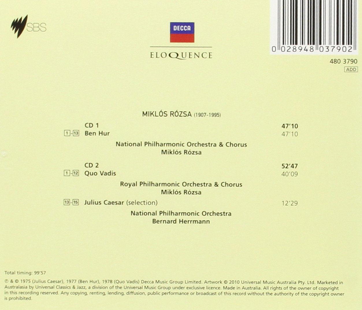 ROSZA: BEN HUR; QUO VADIS; JULIUS CAESAR EXCERPTS - ROSZA, HERRMANN, NATIONAL PHILHARMONIC (2 CDS)