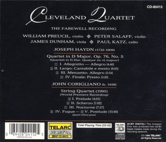 CORIGLIANO: STRING QUARTET; HAYDN: QUARTET OP. 76 NO. 5 - Cleveland Quartet