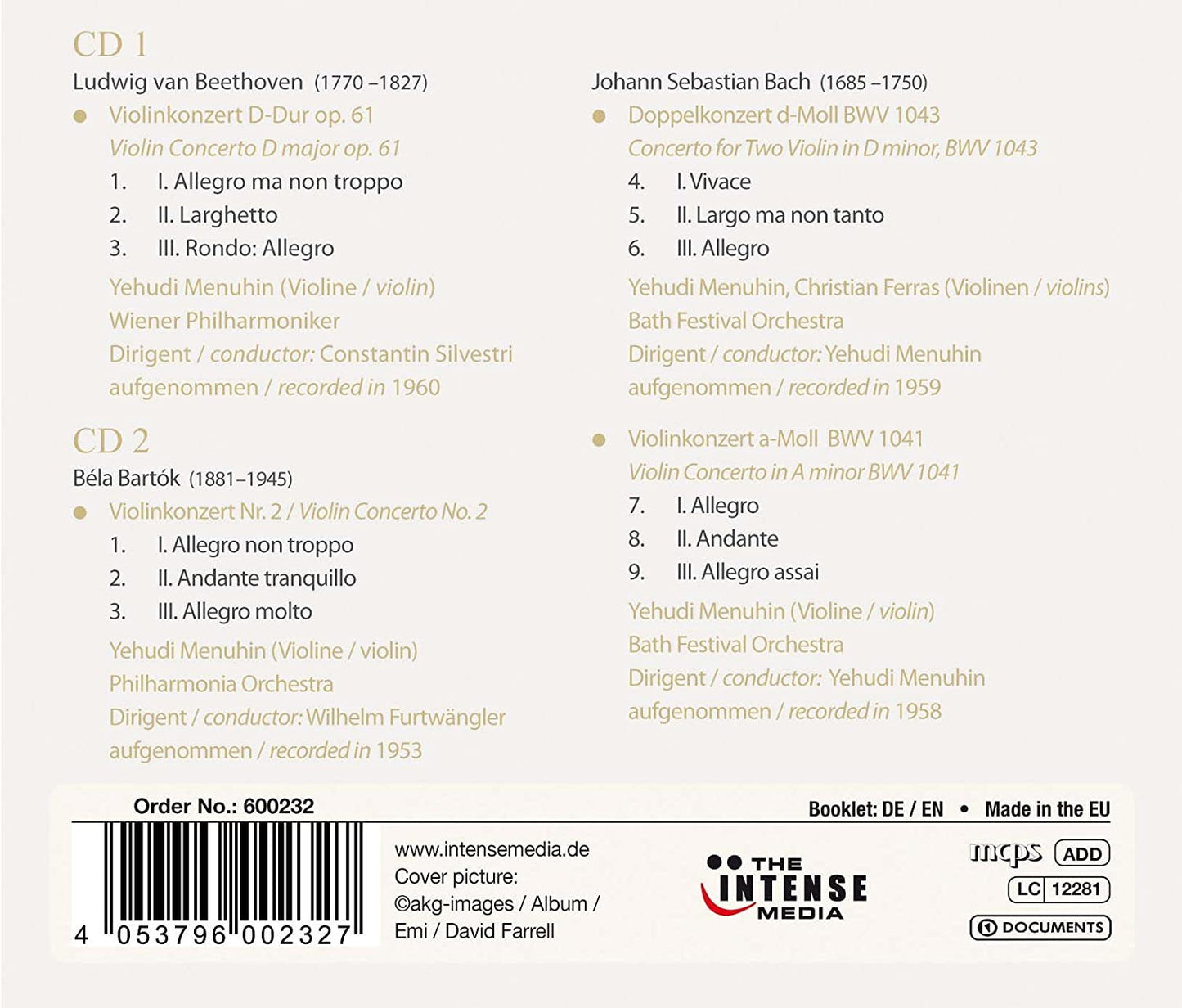 YEHUDI MENUHIN: VIOLIN CONCERTOS - BACH, BARTOK, BEETHOVEN (2 CDS)