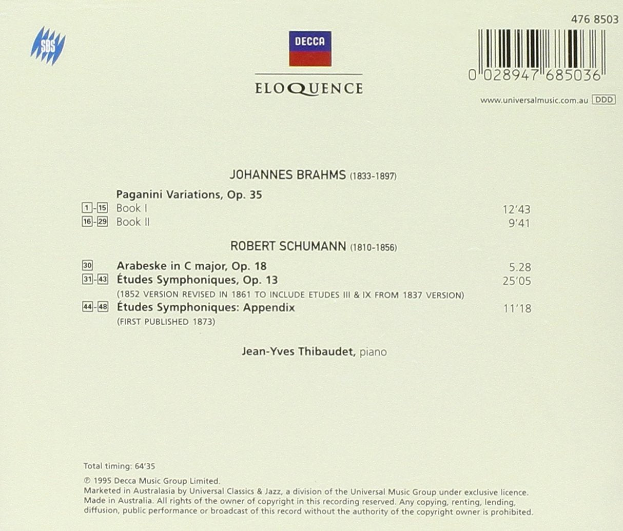 BRAHMS: PAGANINI VARIATIONS; SCHUMANN: SYMPHONIC ETUDES - JEAN-YVES THIBAUDET