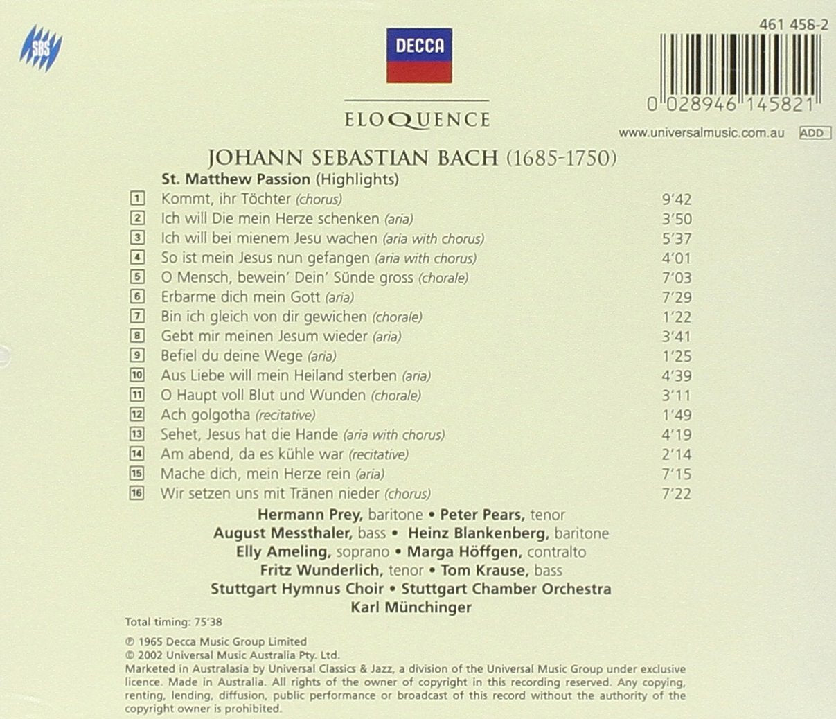 BACH: St Matthew Passion (Highlights) - Munchinger, Ameling, Wunderlich, Prey, Pears