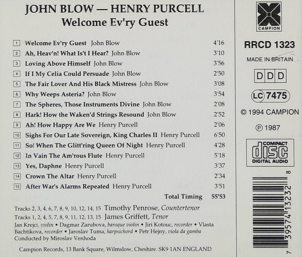 John Blow, Henry Purcell, Welcome Ev'ry Guest - Chamber Ensemble of Early Instruments