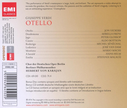 VERDI: OTELLO - VICKERS, FRENI, KARAJAN (3 CDS)