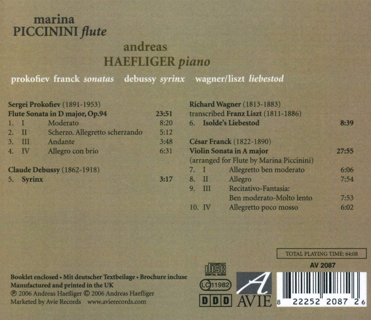 Franck & Prokofiev Sonatas; Debussy: Syrinx; Wagner: Isoldes Liebestod - Andreas Haefliger, Marina Piccinini