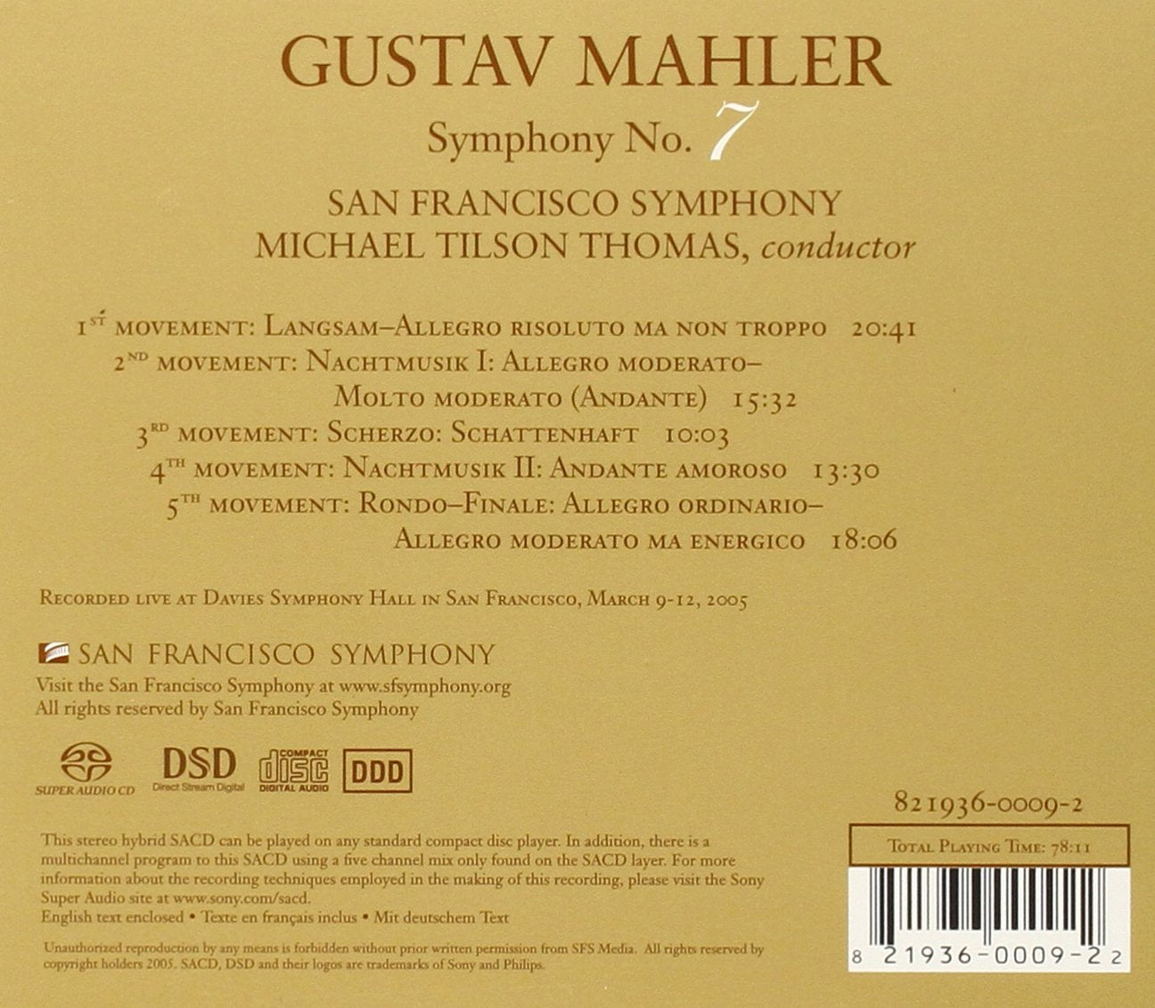 MAHLER: SYMPHONY No. 7 - Tilson-Thomas, San Francisco Symphony (HYBRID SACD)