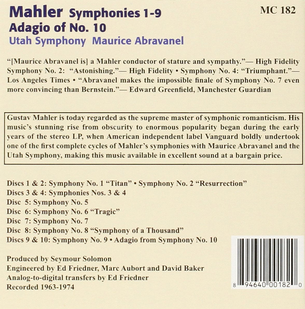 MAHLER: SYMPHONIES 1-9 - ABRAVANEL, UTAH SYMPHONY (10 CDS)