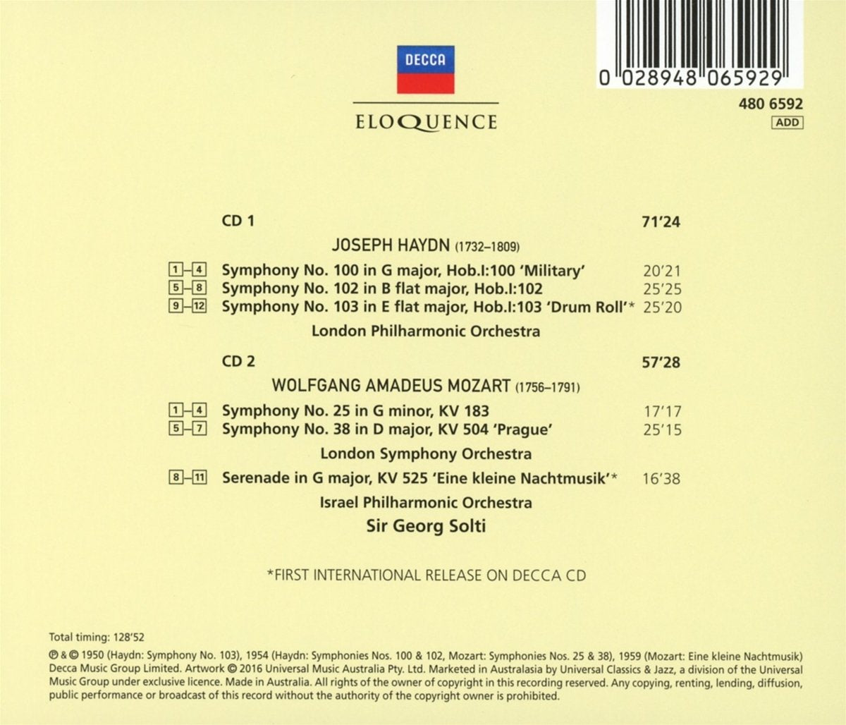HAYDN: SYMPHONIES 100, 102 & 103; MOZART: SYMPHONIES 25 & 38 - SOLTI (2 CDS)