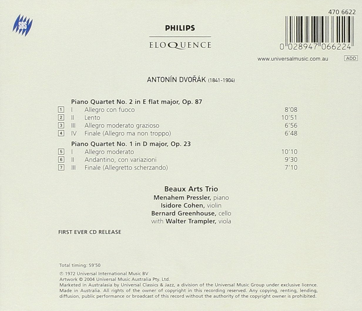 DVORAK: PIANO QUARTETS 1 & 2 - BEAUX ARTS TRIO, TRAMPLER