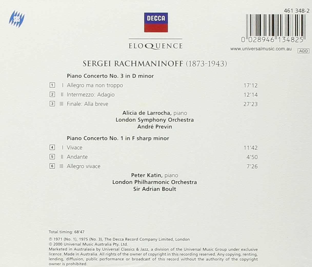 RACHMANINOV: Piano Concertos 1 & 3 - de Larrocha, Katin, Previn, Boult, London Symphony