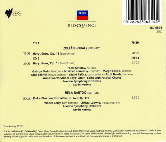 KODALY: Hary Janos; BARTOK: Duke Bluebeard's Castle - Ustinov, Berry, Ludwig, Edinburgh Festival Chorus, London Symphony, Kertesz (2 CDs)