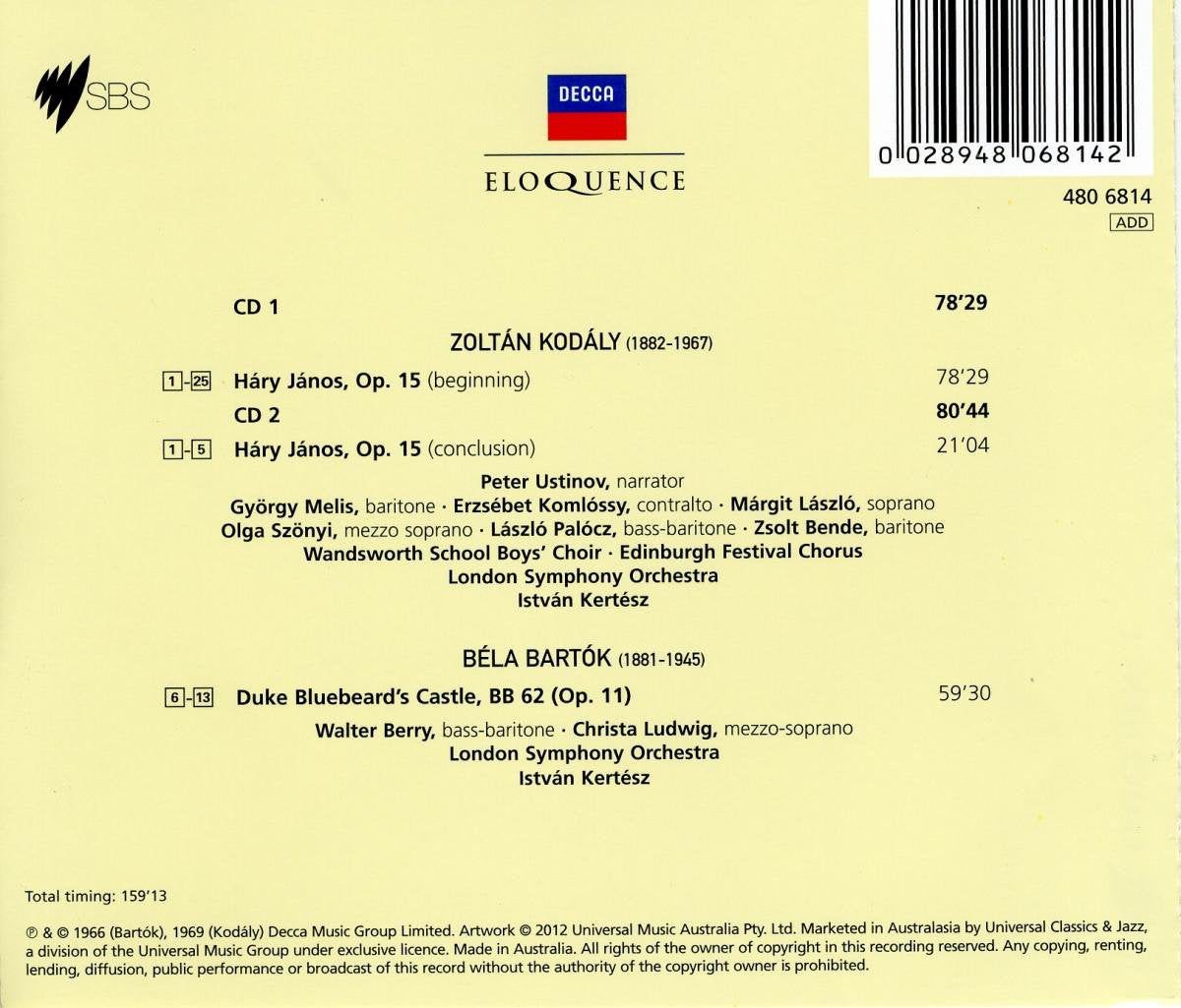 KODALY: Hary Janos; BARTOK: Duke Bluebeard's Castle - Ustinov, Berry, Ludwig, Edinburgh Festival Chorus, London Symphony, Kertesz (2 CDs)