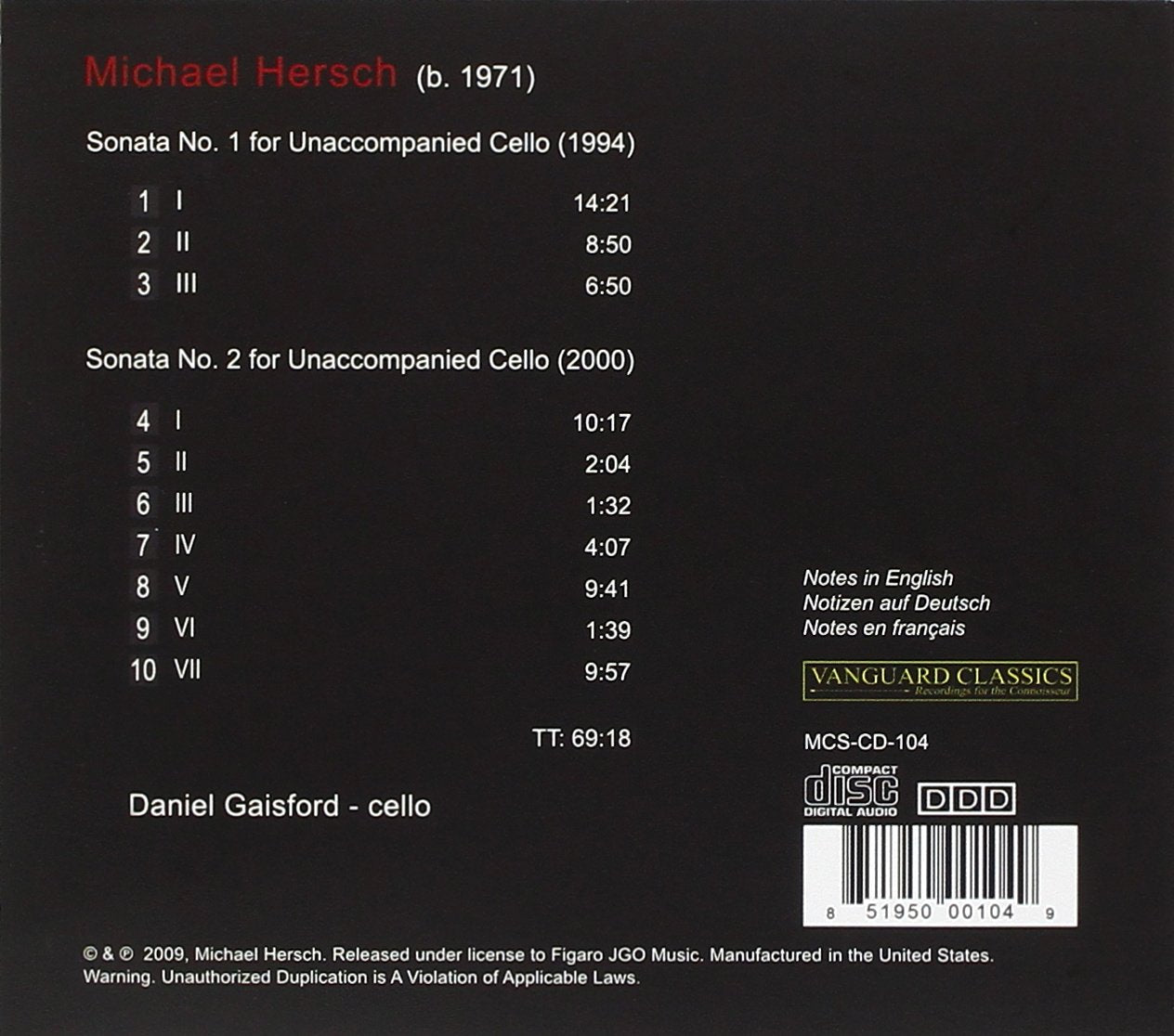 HERSCH: SONATAS 1 & 2 FOR UNACCOMPANIED CELLO - GAISFORD