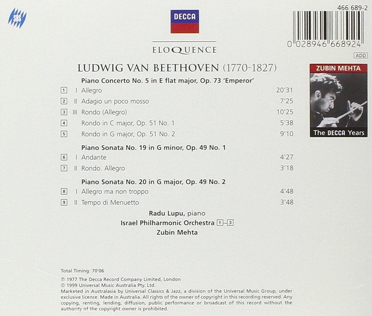 BEETHOVEN: Piano Concertos No.5; Two Sonatas etc. - Lupu, Israel Philharmonic Orch, Mehta