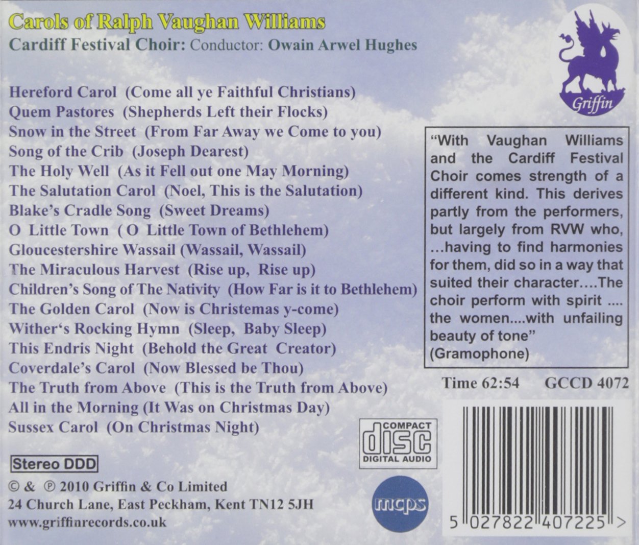 CHRISTMAS CAROLS OF VAUGHAN WILLIAMS - CARDIFF FESTIVAL CHOIR