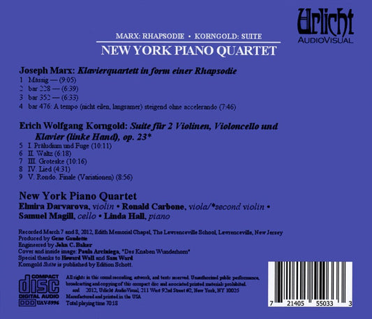 MARX & KORNGOLD - NEW YORK PIANO QUARTET