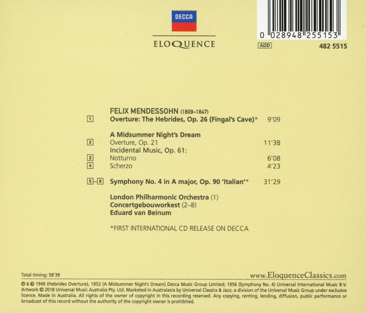 MENDELSSOHN: SYMPHONY NO. 4; THE HEBRIDES OVERTURE; MIDSUMMER NIGHT'S DREAM - VAN BEINUM, CONCERTGEBOUW, LONDON PHILHARMONIC