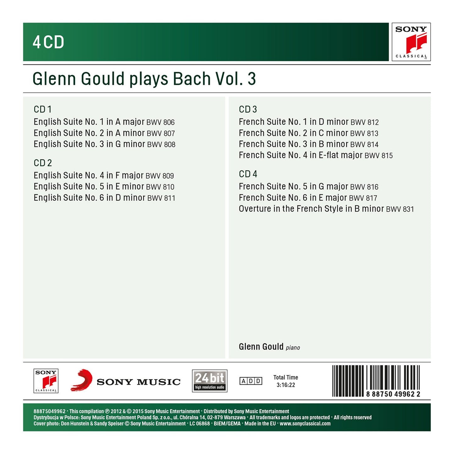 GLENN GOULD PLAYS BACH, VOLUME 3- THE ENGLISH AND FRENCH SUITES (4 CDS)