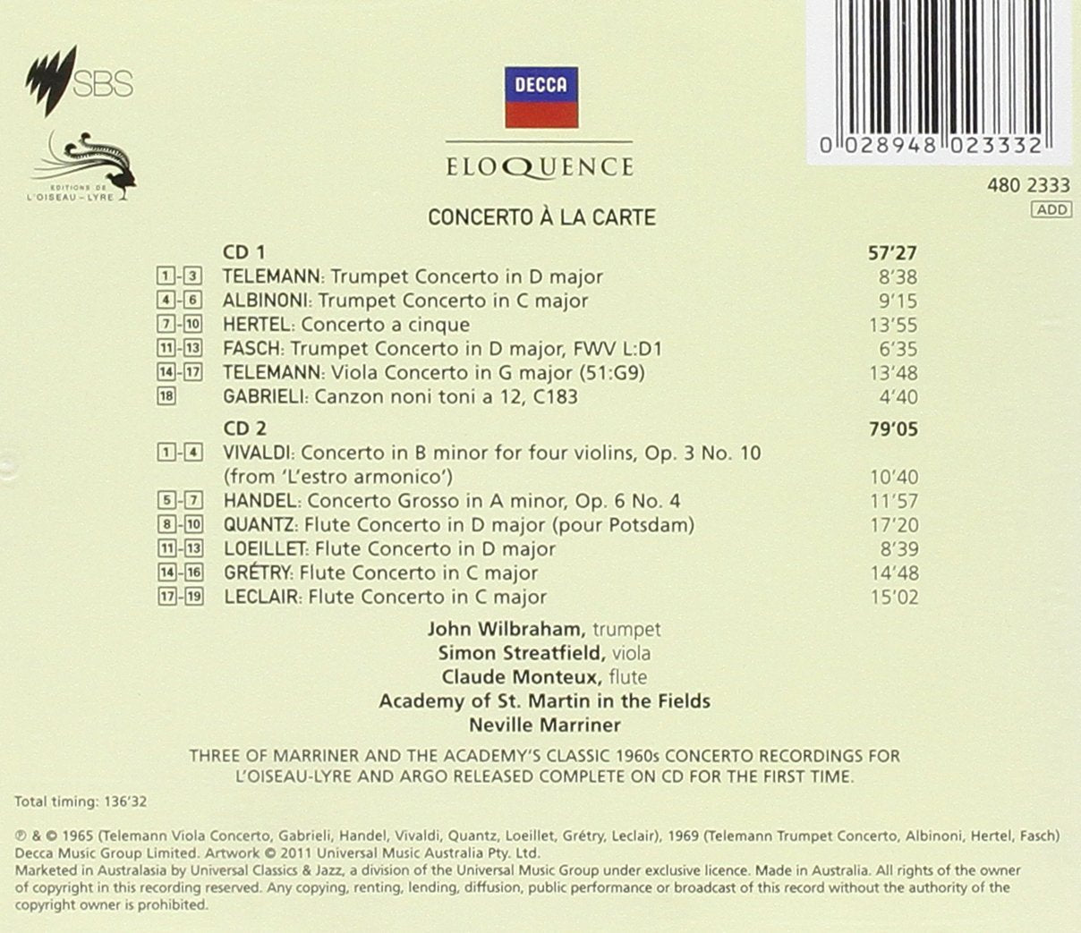 Concerto A La Carte: Baroque Trumpet, Flute and String Concertos - Academy of St. Martin in the Fields, Marriner (2 CDs)
