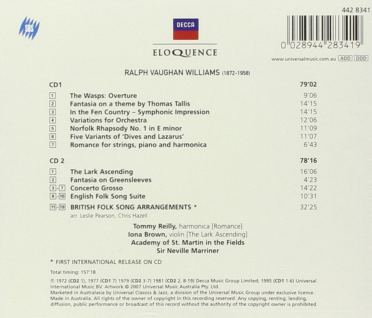 VAUGHAN WILLIAMS: ORCHESTRAL WORKS - ACADEMY OF ST. MARTIN IN THE FIELDS, MARRINER (2 CDS)