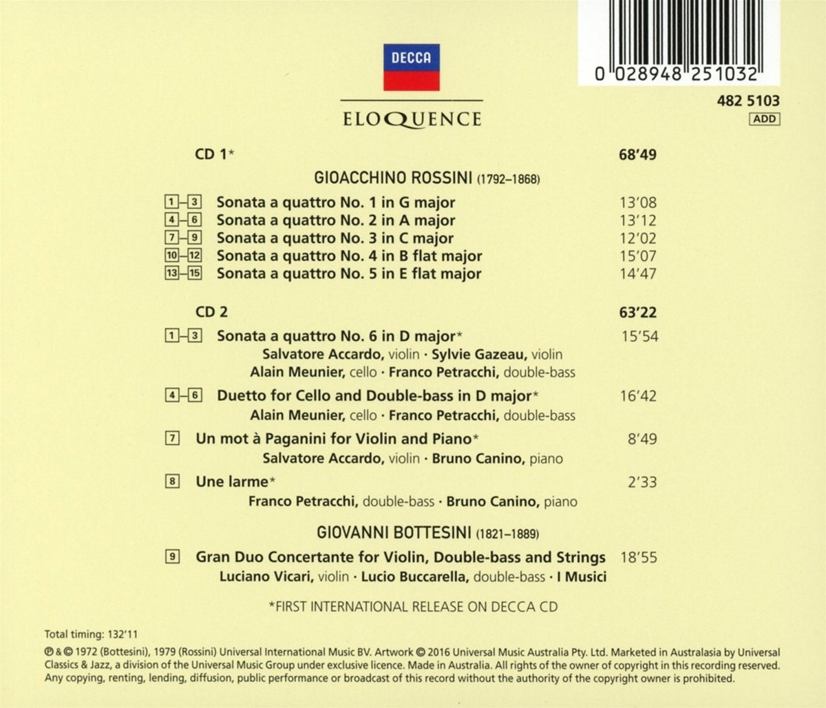 ROSSINI: SONATA A QUATTRO; BOTTESINI: GRAN DUO - I MUSICI (2 CDS)