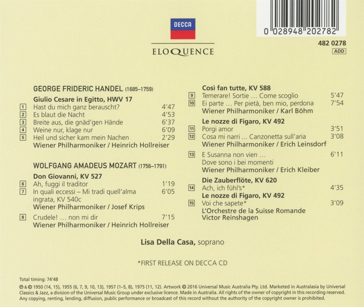 LISA DELLA CASA SINGS HANDEL & MOZART