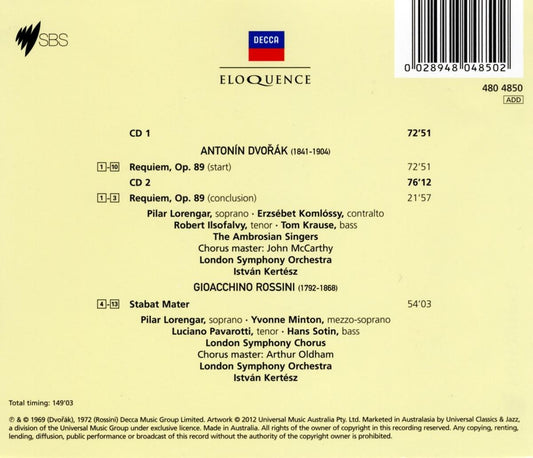 DVORĂK: Requiem; ROSSINI: Stabat Mater - Pavarotti, Lorengar, The Ambrosian Singers, Pavarotti, London Symphony Orchestra (2 CDs)