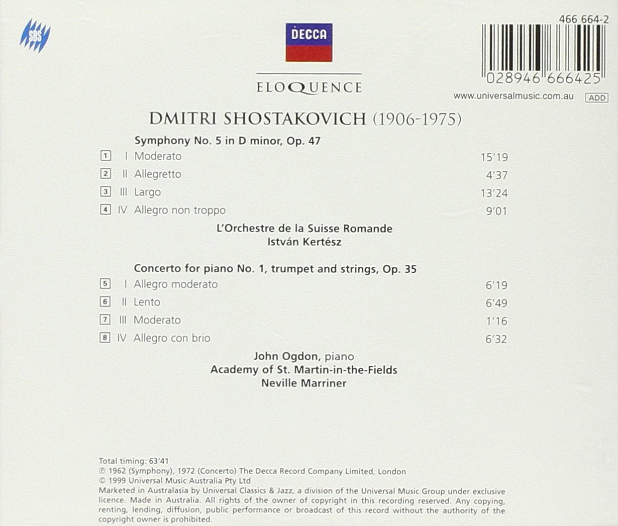 SHOSTAKOVICH: Symphony No. 5, Piano Concerto No. 1 - John Ogden, Istvan Kertesz, Neville Marriner